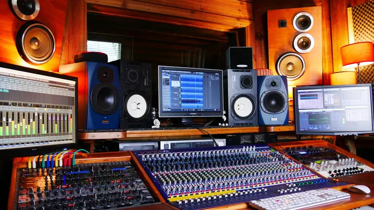 Monitores de estudio en una sala de grabación con luz cálida